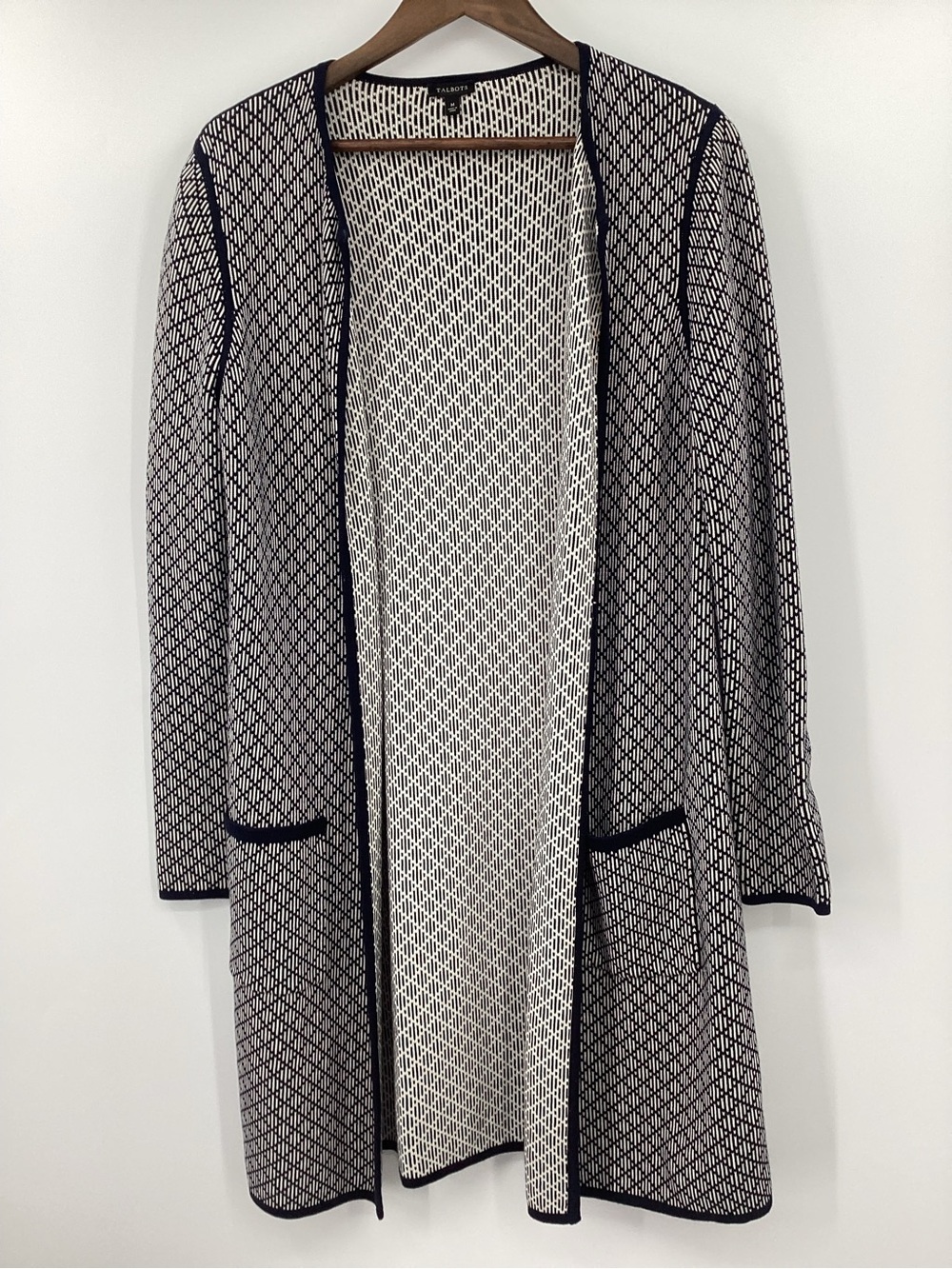 Talbots Navy and Cream Open-Front Knit Duster
